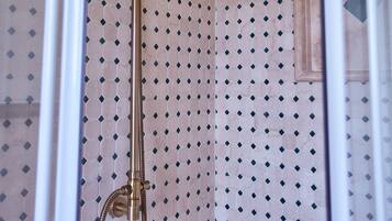 Eine Dusche mit gebogener Duschbrause und Handbrause.