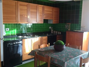 Een koelkast, een oven, een vaatwasser, een koffiezetapparaat/waterkoker