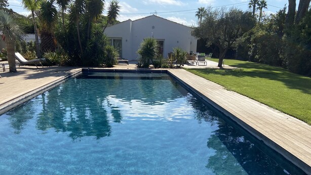 A rectangular swimming pool with a wooden deck surrounding it, set in a landscaped garden with palm trees and a house in the background. - Guesthouse Le Mas de la Dame (Saint-Tropez)