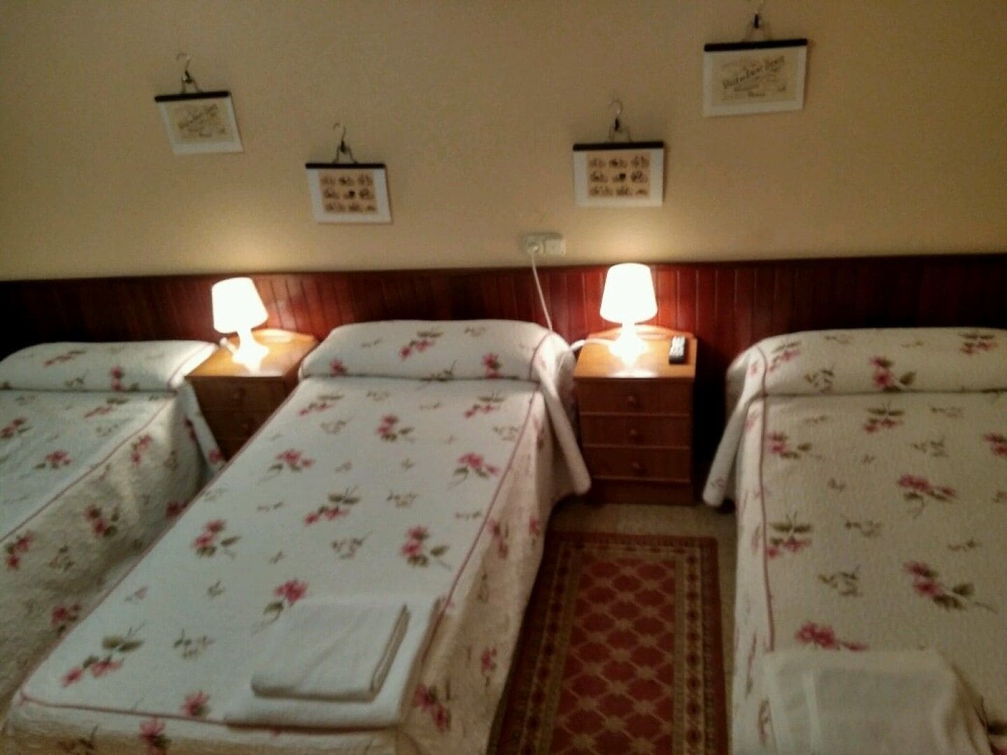 Habitació d'hotel amb dos llits individuals, cadascun amb una colcha floral i una tauleta de nit amb una làmpada. Hi ha penjadors fixats a la paret sobre els llits.
