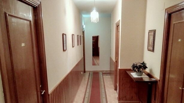 Un pasillo con puertas de madera, alfombra roja y beige, y una pequeña mesa con una planta.