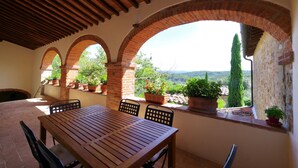 An outdoor patio with a wooden table and chairs, brick arches, and potted plants.