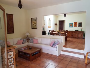 TV, caminetto, lettore DVD, libri