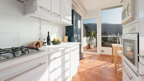A modern kitchen with white cabinets, a gas stove, and a view of the outdoors through a glass door. - Plunge pool, terraces, garden, BBQ & lounge [A] (Icod de los Vinos)
