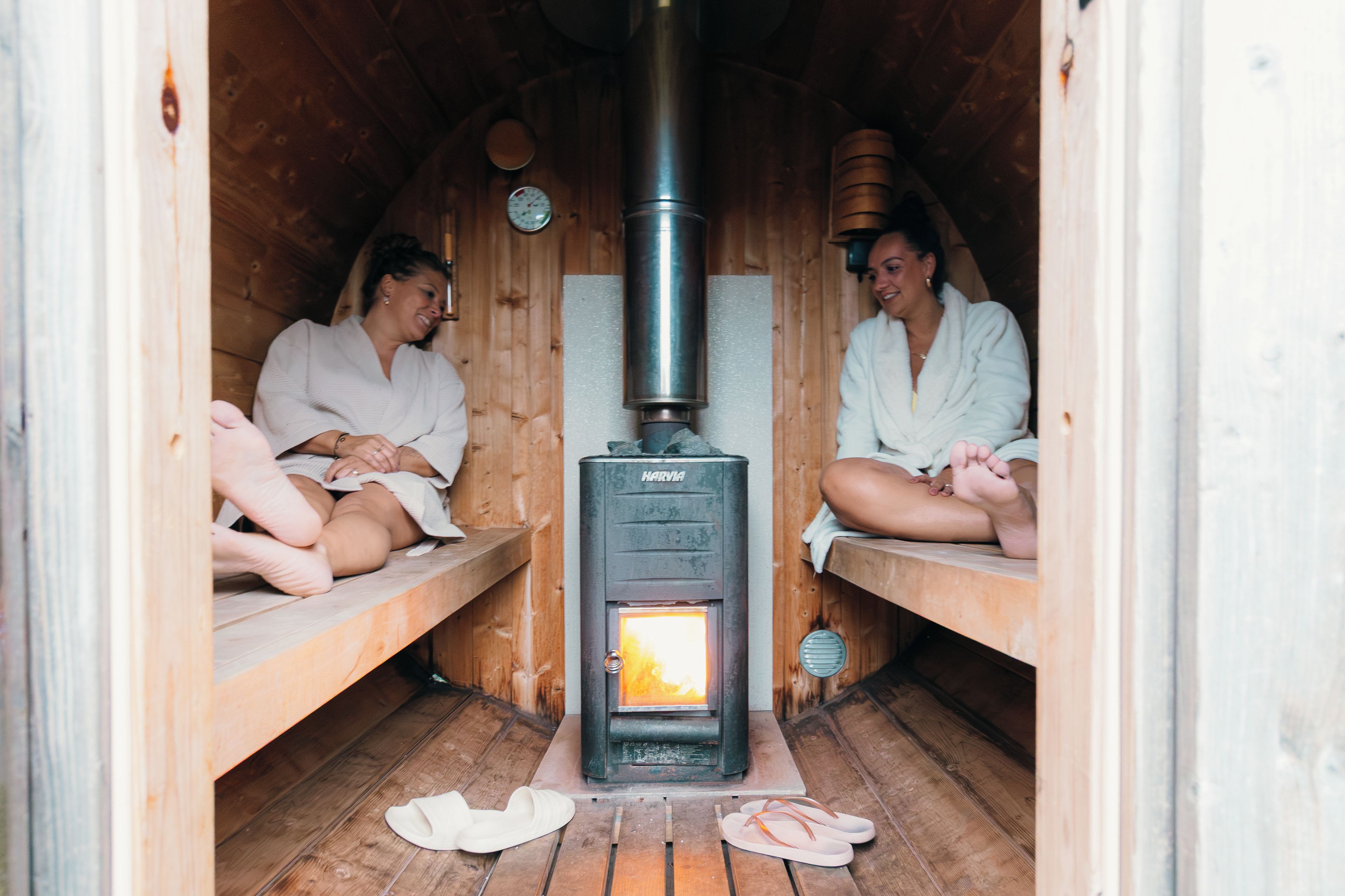 A sauna with two wooden benches and a central wood-burning stove.