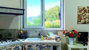 A kitchen with a window, a stove, a sink, and a vase with flowers.