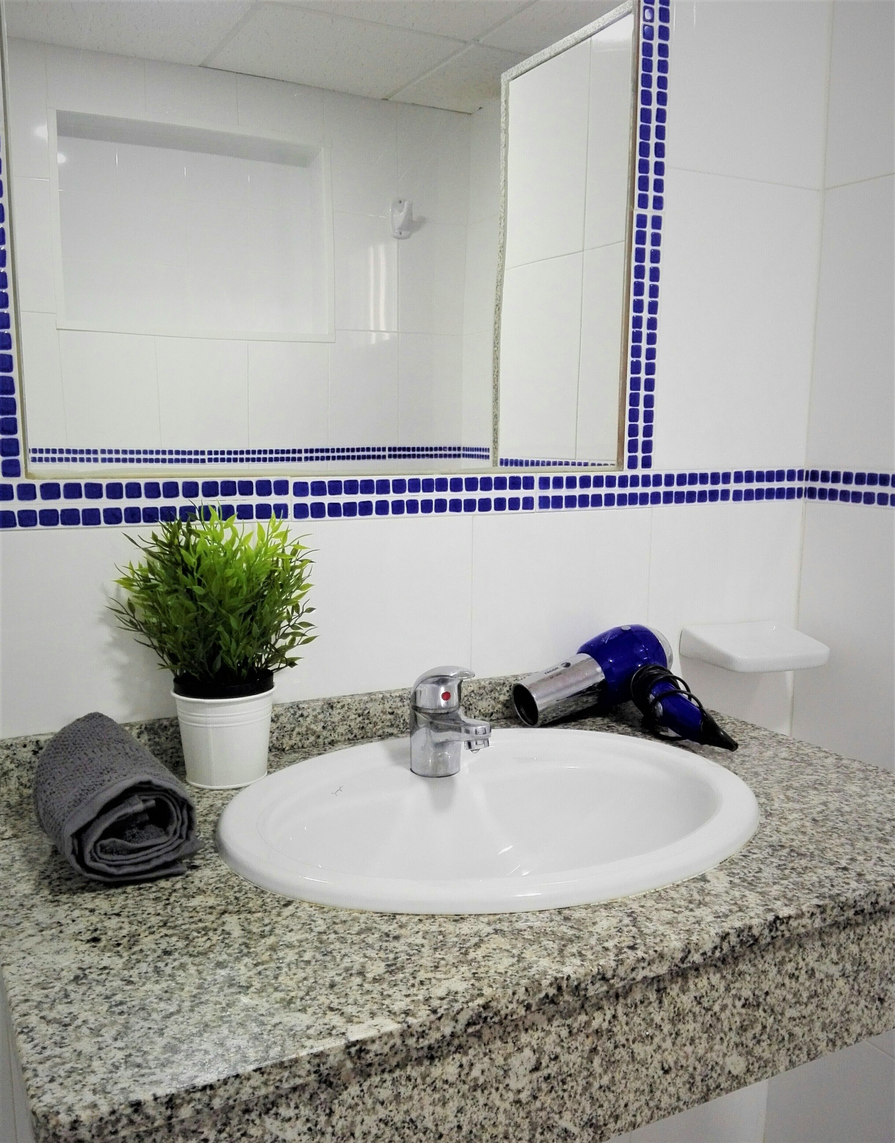 Baño con lavamanos blanco, encimera de granito, planta en maceta, toalla y secador de pelo azul.