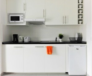 Fridge, microwave, stovetop, coffee/tea maker
