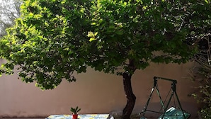 Un patio con una mesa cubierta por un mantel azul y amarillo estampado, una planta en maceta y un sillón columpio verde.