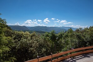Ein Holzzaun mit Blick auf eine gebirgige Landschaft, üppigem Grün und blauem Himmel.