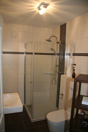 Een douche, een haardroger, zeep, toiletpapier