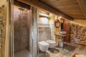 Shower, hair dryer, bidet, towels