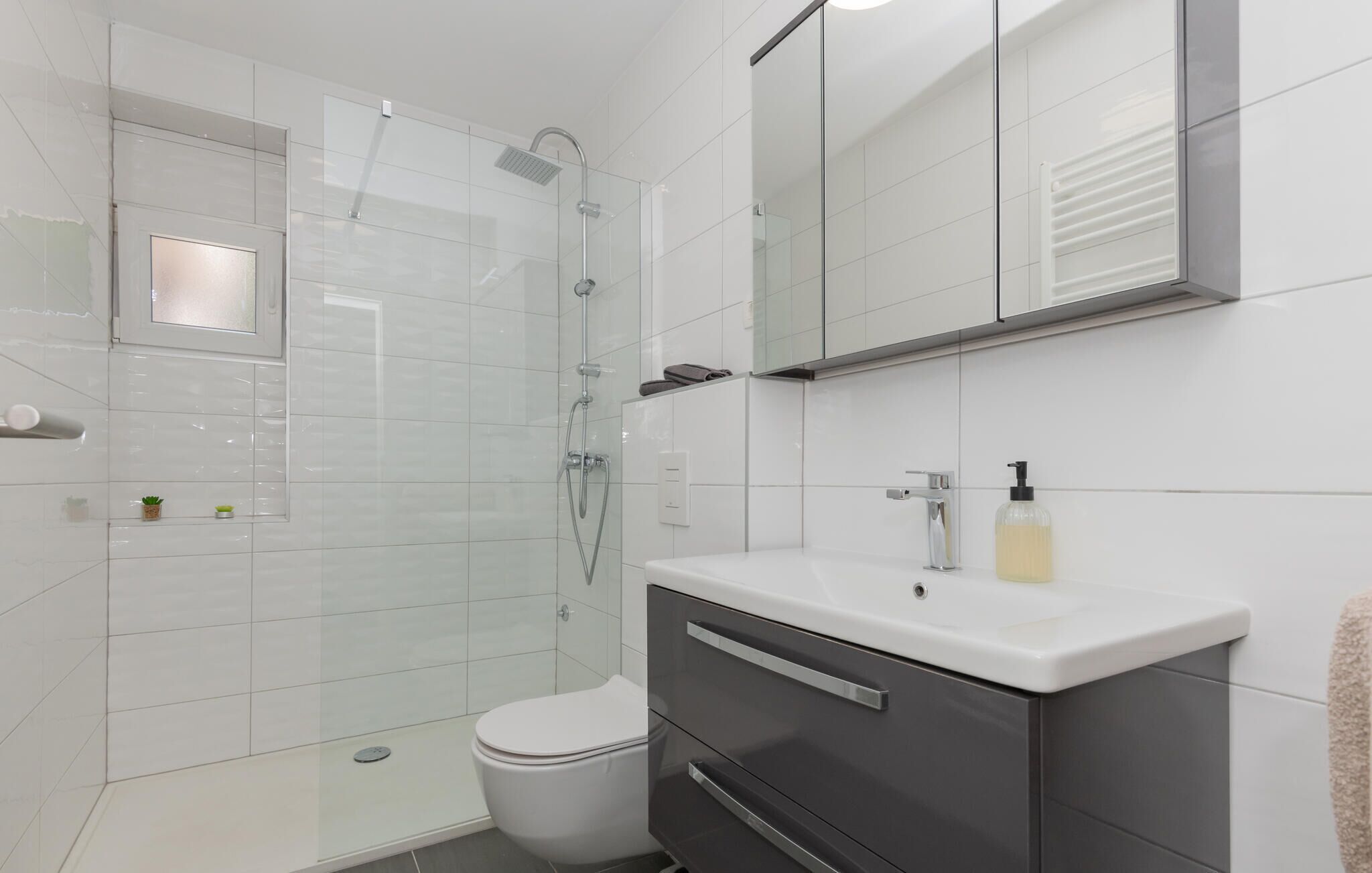 A modern bathroom with a glass shower enclosure, a white toilet, a vanity with a mirror, and a small plant on the countertop.