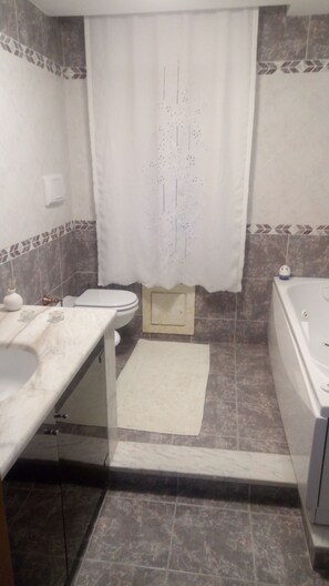 Combined shower/tub, jetted tub, hair dryer, bathrobes