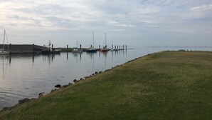 Ein ruhiges Ufer mit mehreren Booten, die an der Küste liegen.