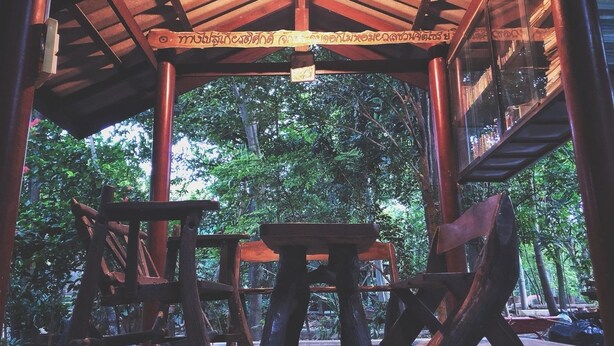 An outdoor wooden structure with a table and benches, surrounded by dense greenery.