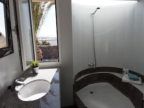 Bathtub, hair dryer, bidet, towels