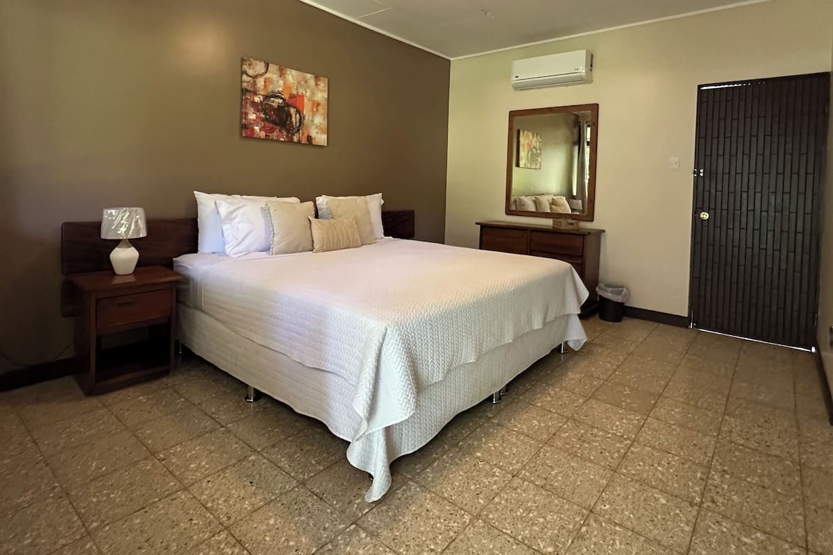 A hotel room with a large bed, a nightstand with a lamp, a wall-mounted air conditioner, and a door with a security screen.