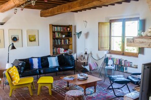 TV, lareira, DVD player, livros