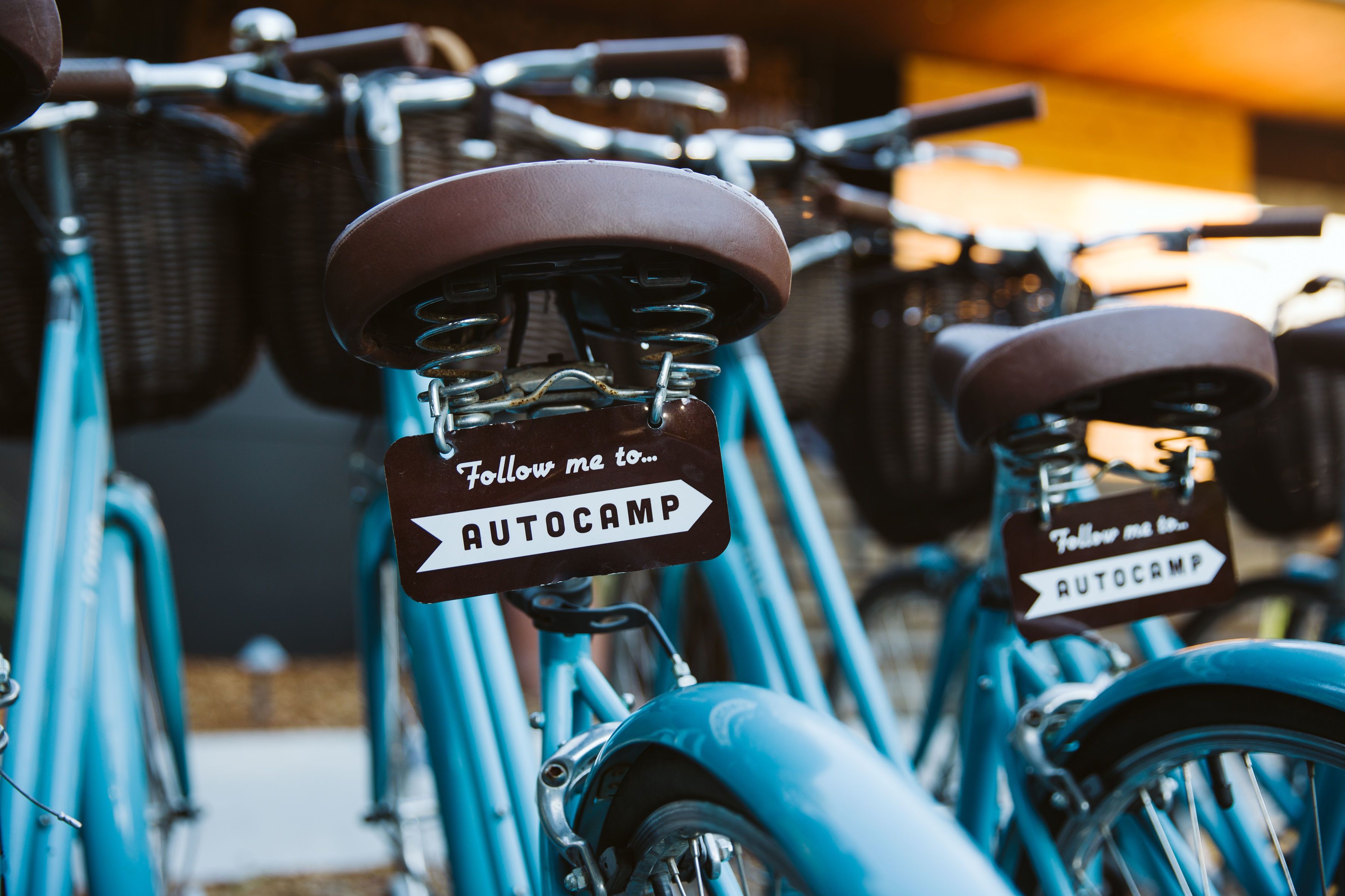 Une rangée de vélos, chacun muni d’une pancarte fixée au guidon indiquant : « Suivez-moi jusqu’au camping… ».