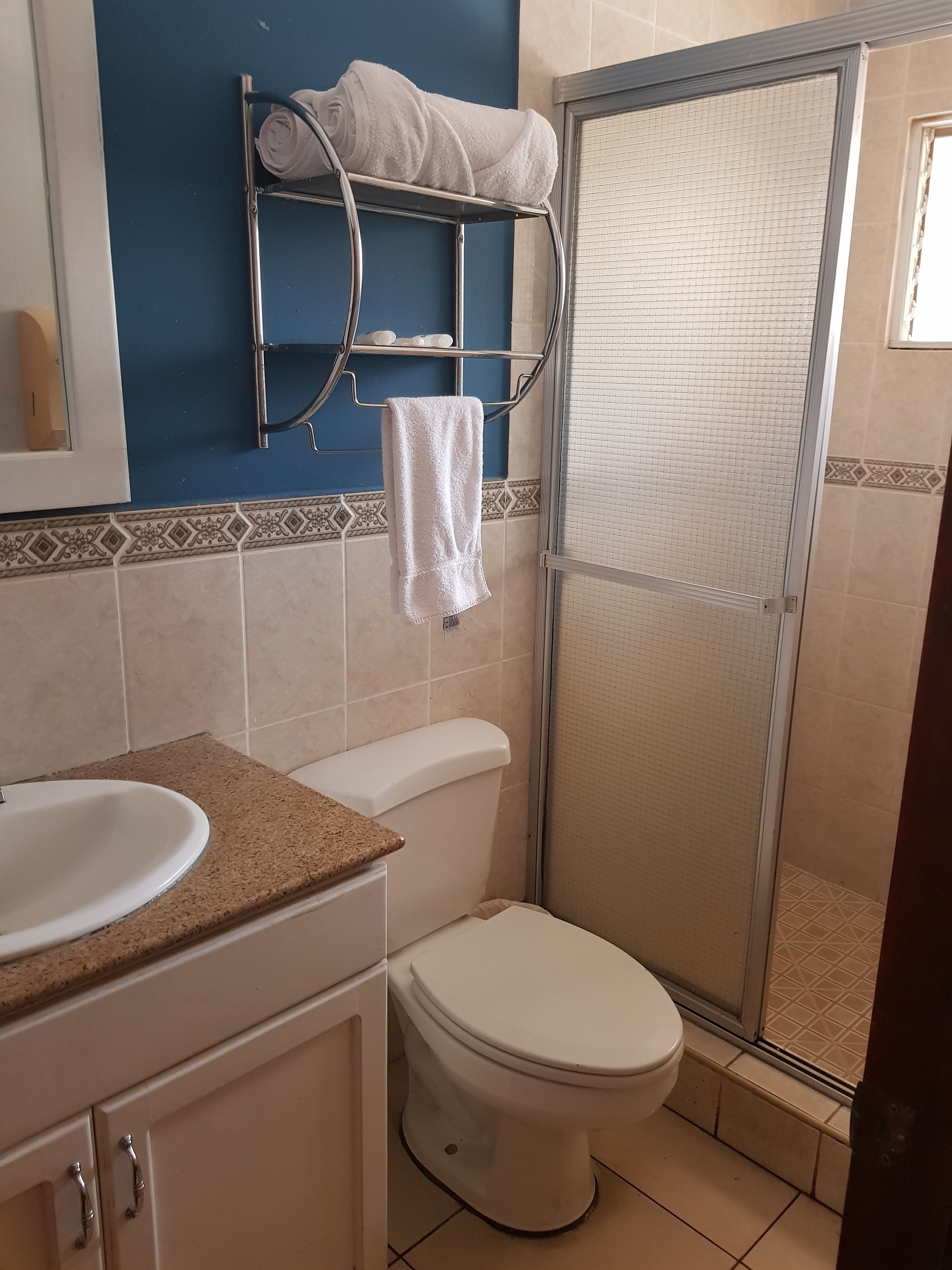 comfort double room | bathroom | shower, hair dryer, soap, shampoo