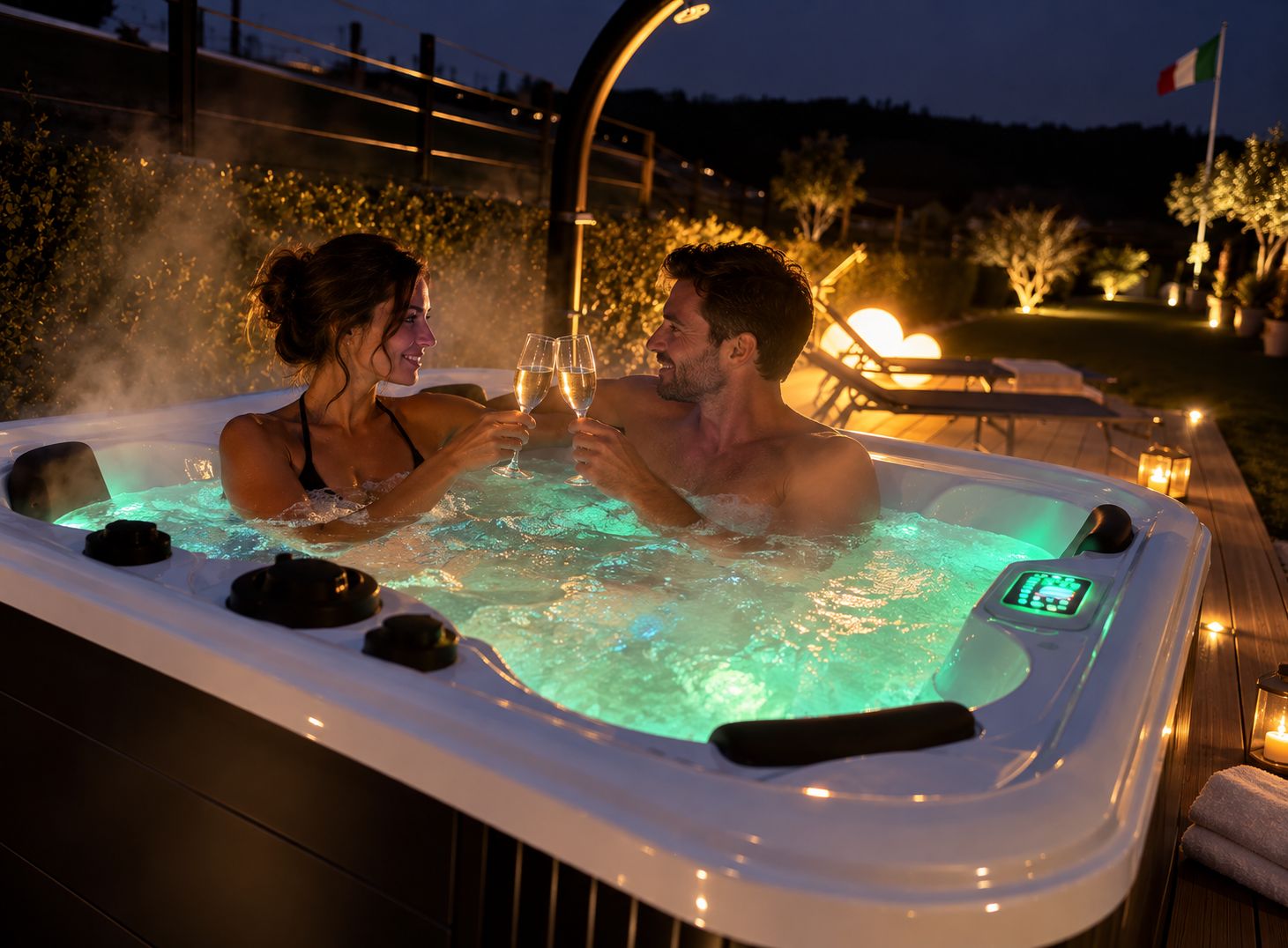 Una pareja en un jacuzzi con panel de control digital, rodeada de iluminación exterior y una bandera.