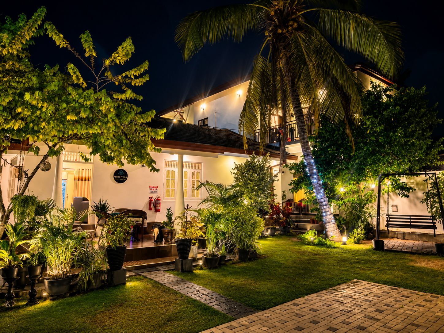 A well-lit hotel with a paved courtyard, potted plants, and a palm tree.