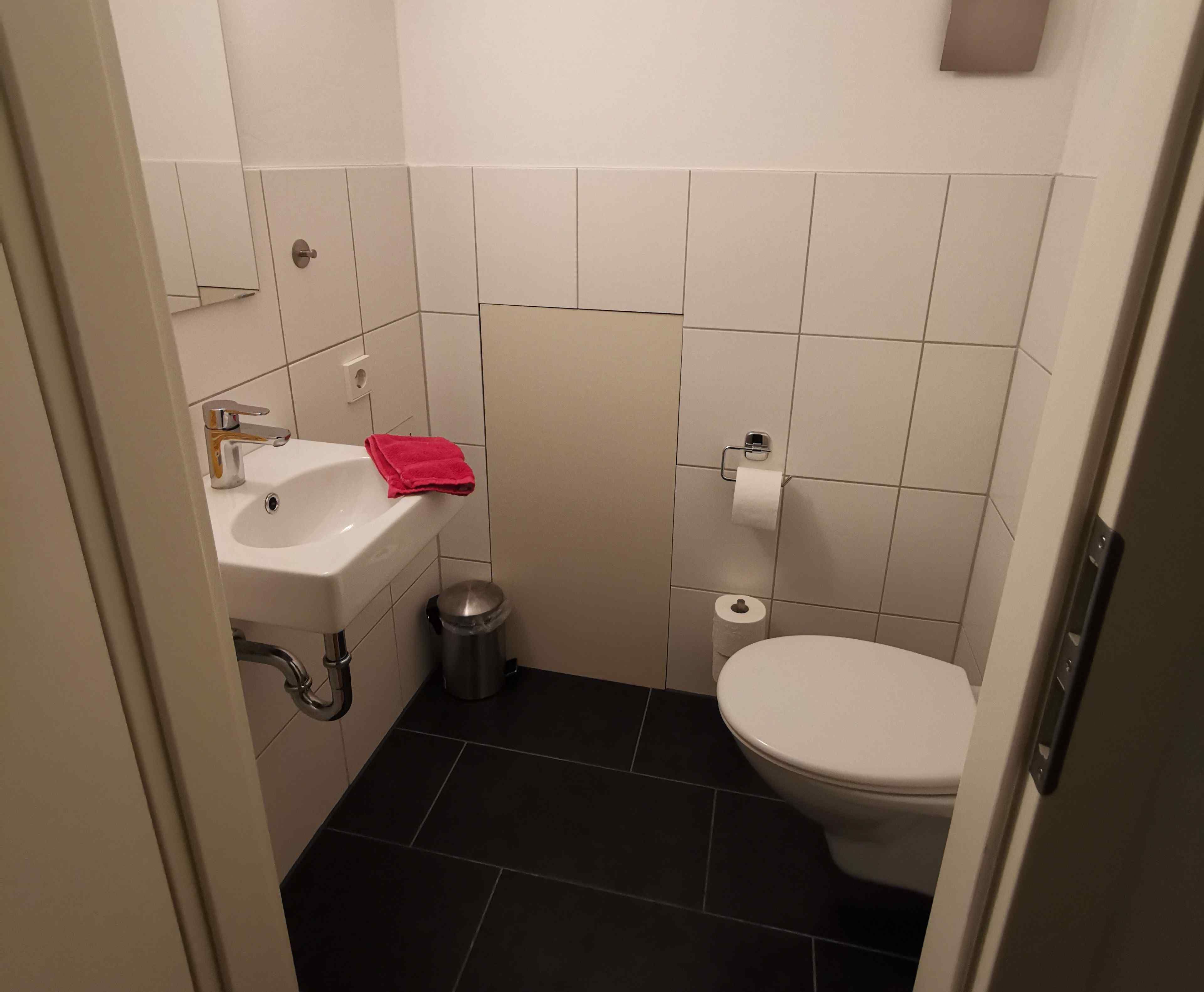 Ein kleines Badezimmer mit einem weißen Waschbecken, einer Toilette und einem Mülleimer.