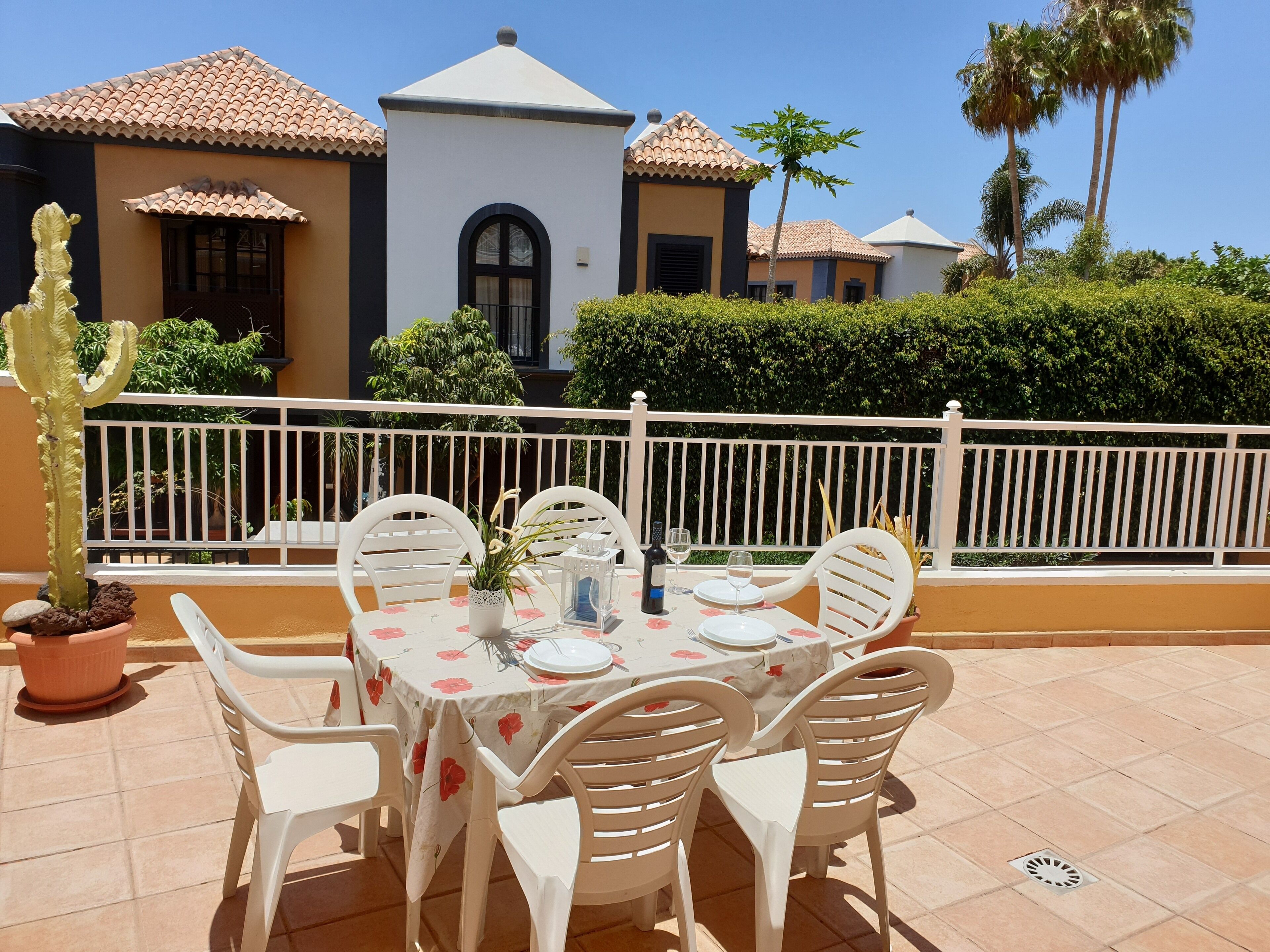 A patio with a table set for two, surrounded by white chairs, with a cactus and potted plants nearby.