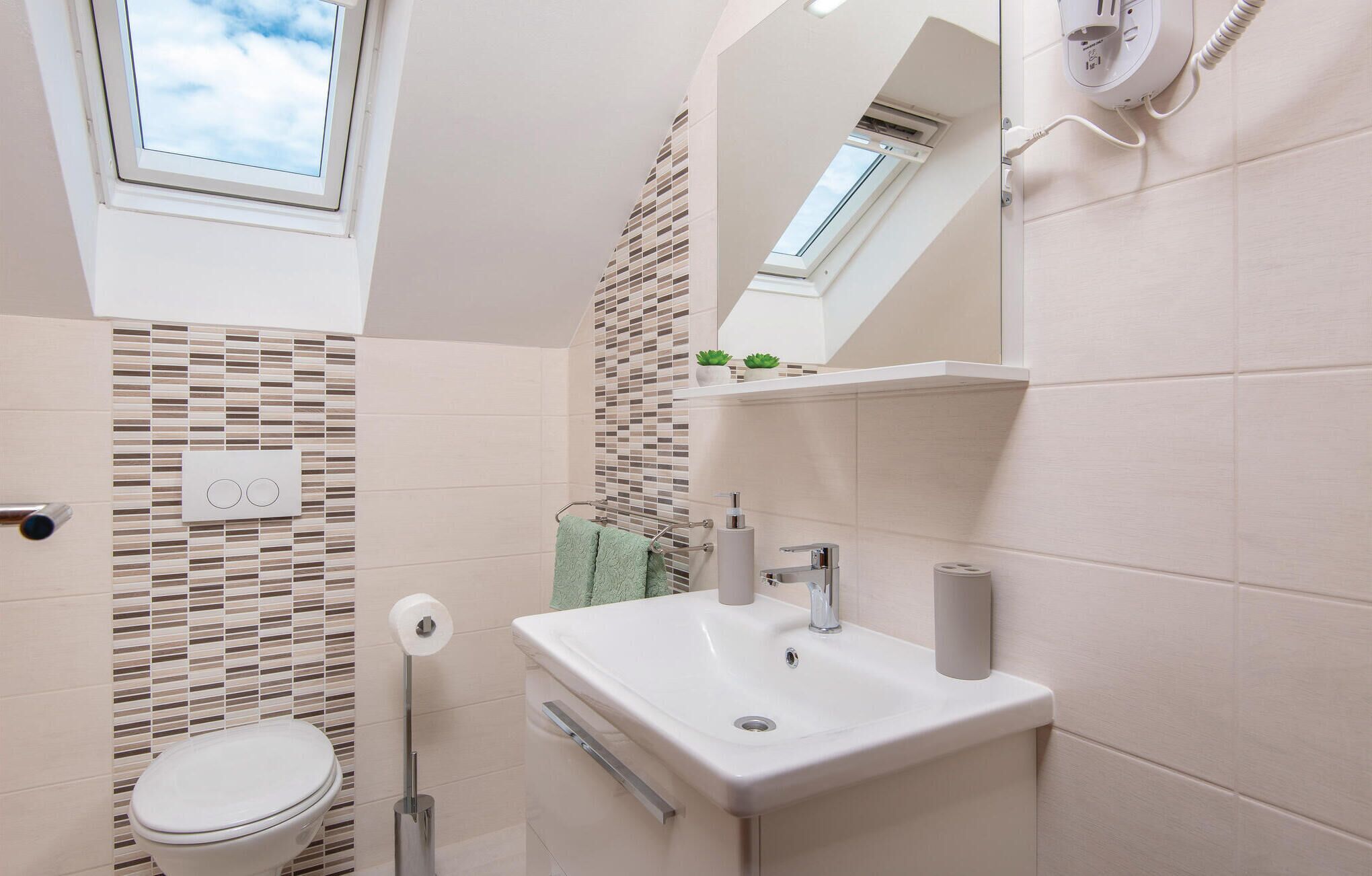 A bathroom with a toilet, sink, and mirror. There is a skylight above the toilet and a small shelf with plants.