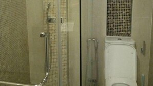 Ein Badezimmer mit einer Duschkabine, gefliesten Wänden und einer weißen Toilette.