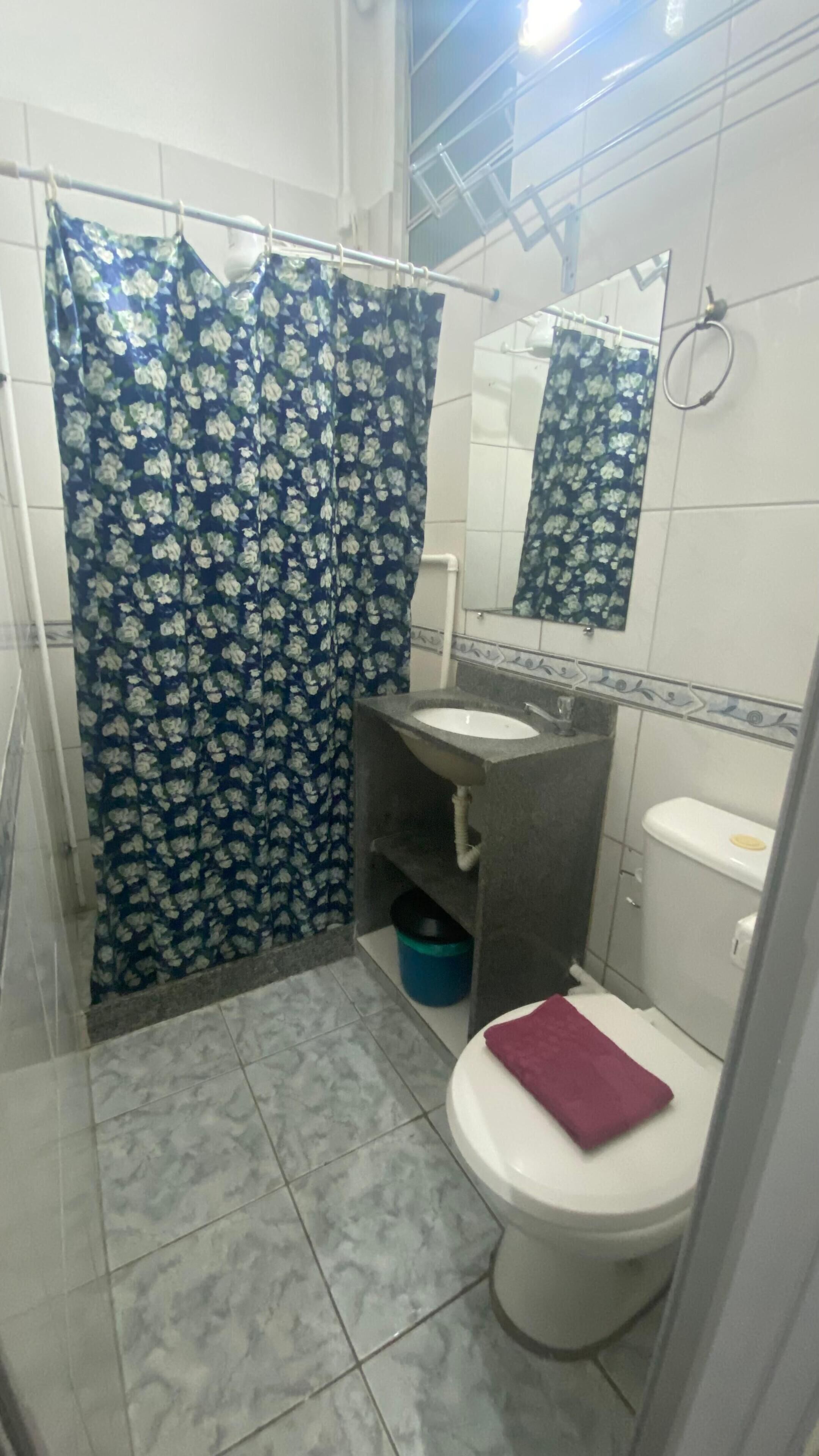 Et badeværelse med bruseforhæng, vask, toilet og spejl.