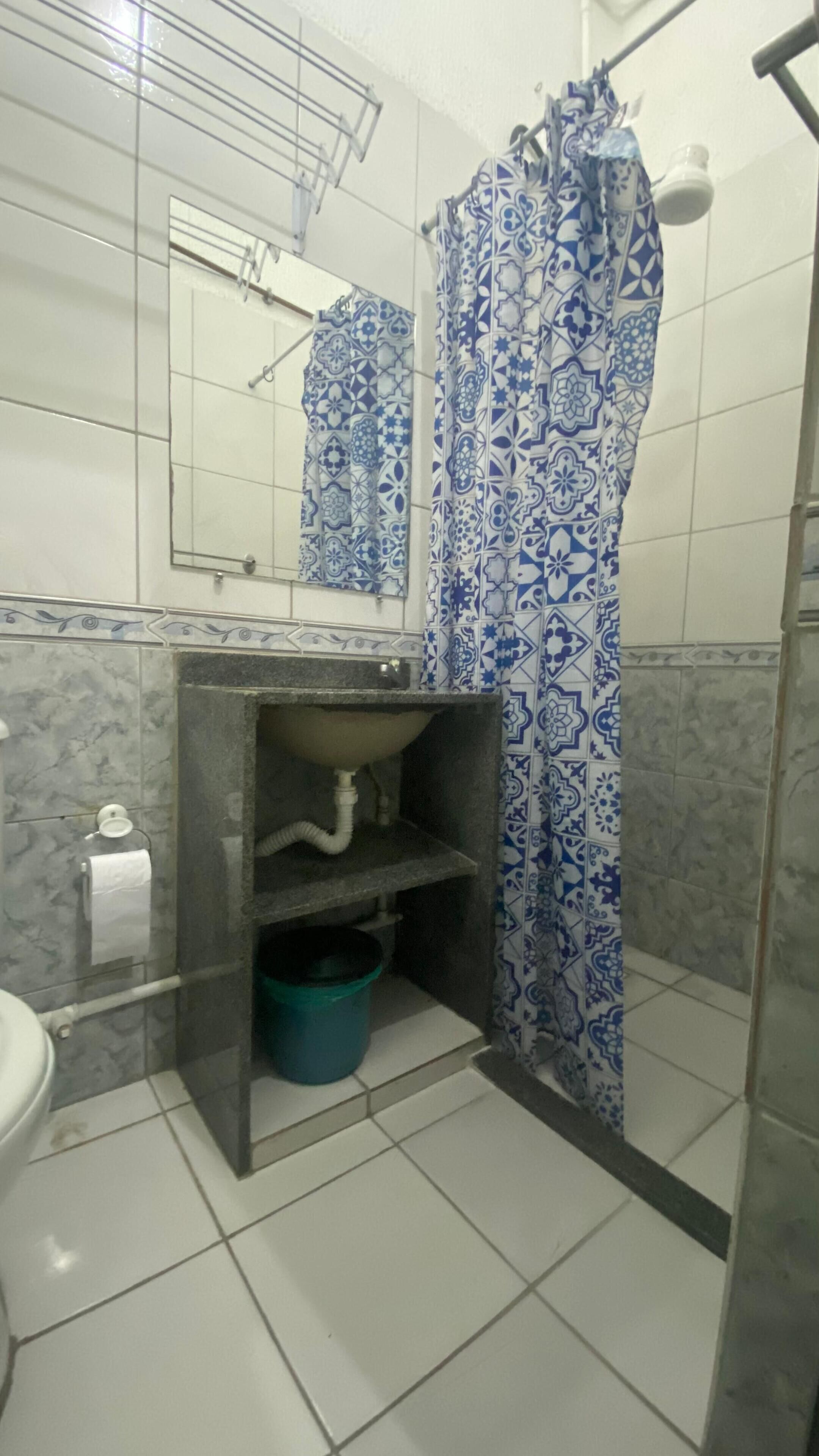 A bathroom with a sink, mirror, and shower curtain.