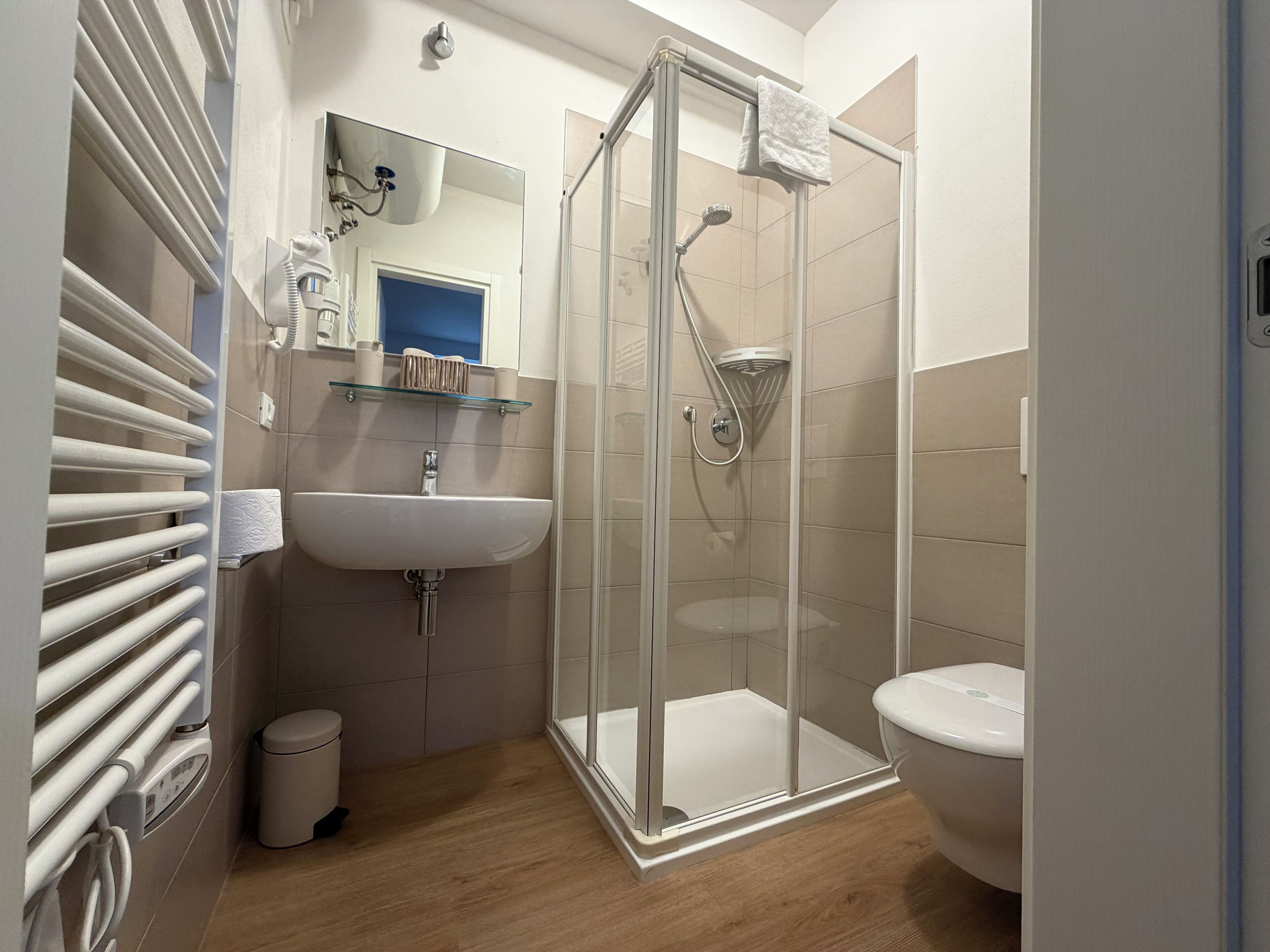 A modern bathroom with a glass-enclosed shower, a white sink, and a toilet.