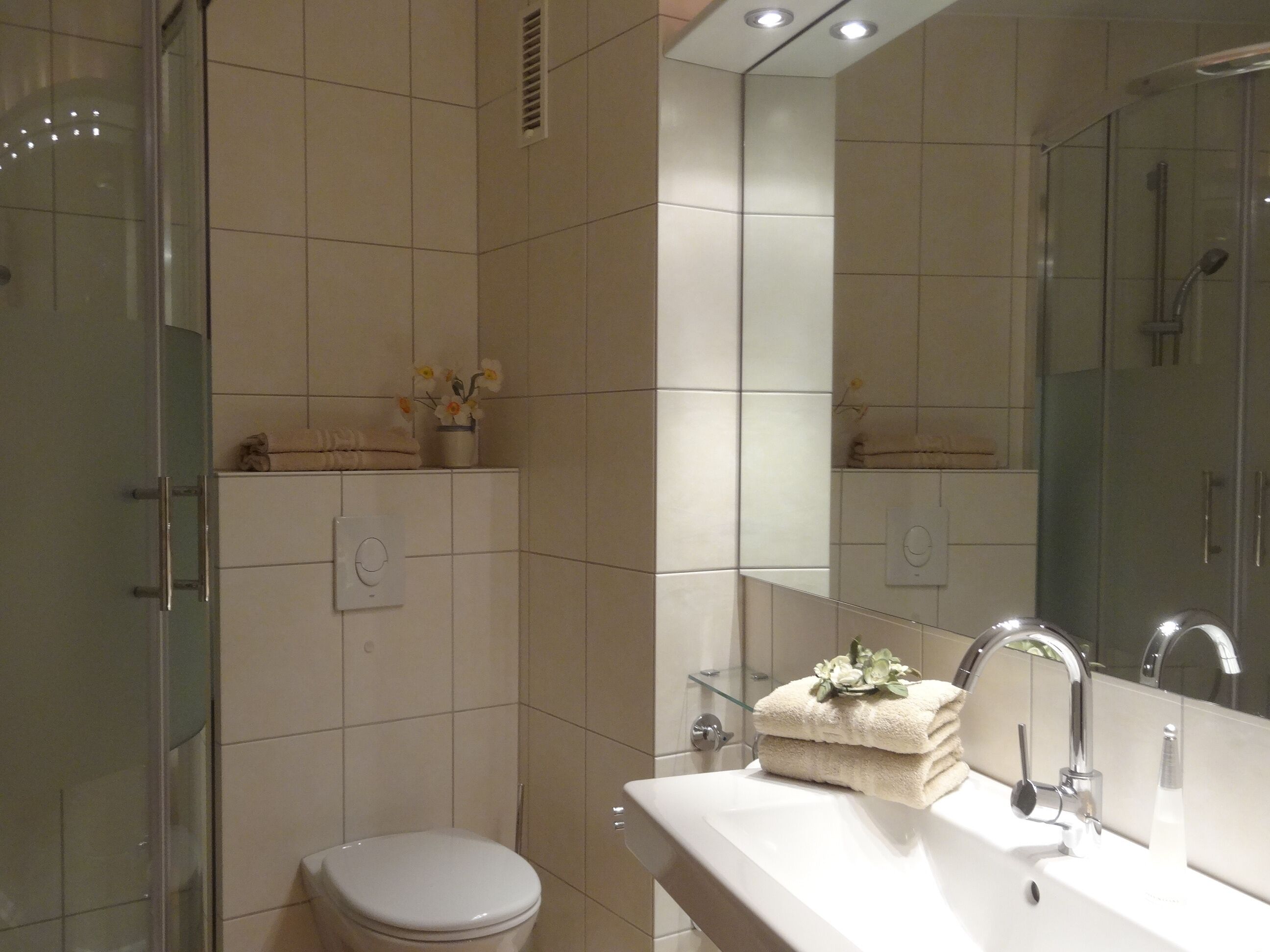 Dusche, Haartrockner, Seife, Toilettenpapier