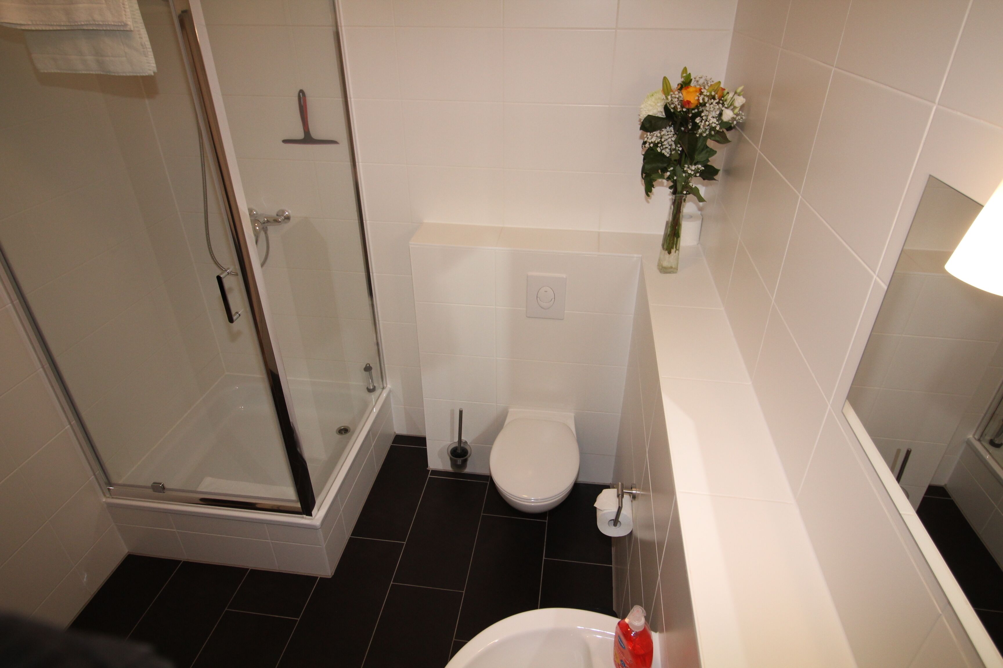 Et badeværelse med bruseniche, toilet og vask med spejl.