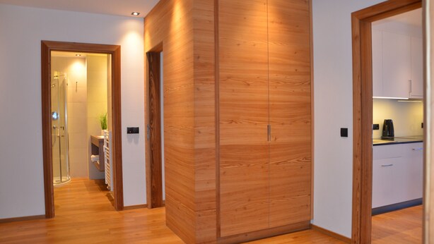 Un interno moderno con un armadio in legno, una doccia in vetro e un angolo cottura.