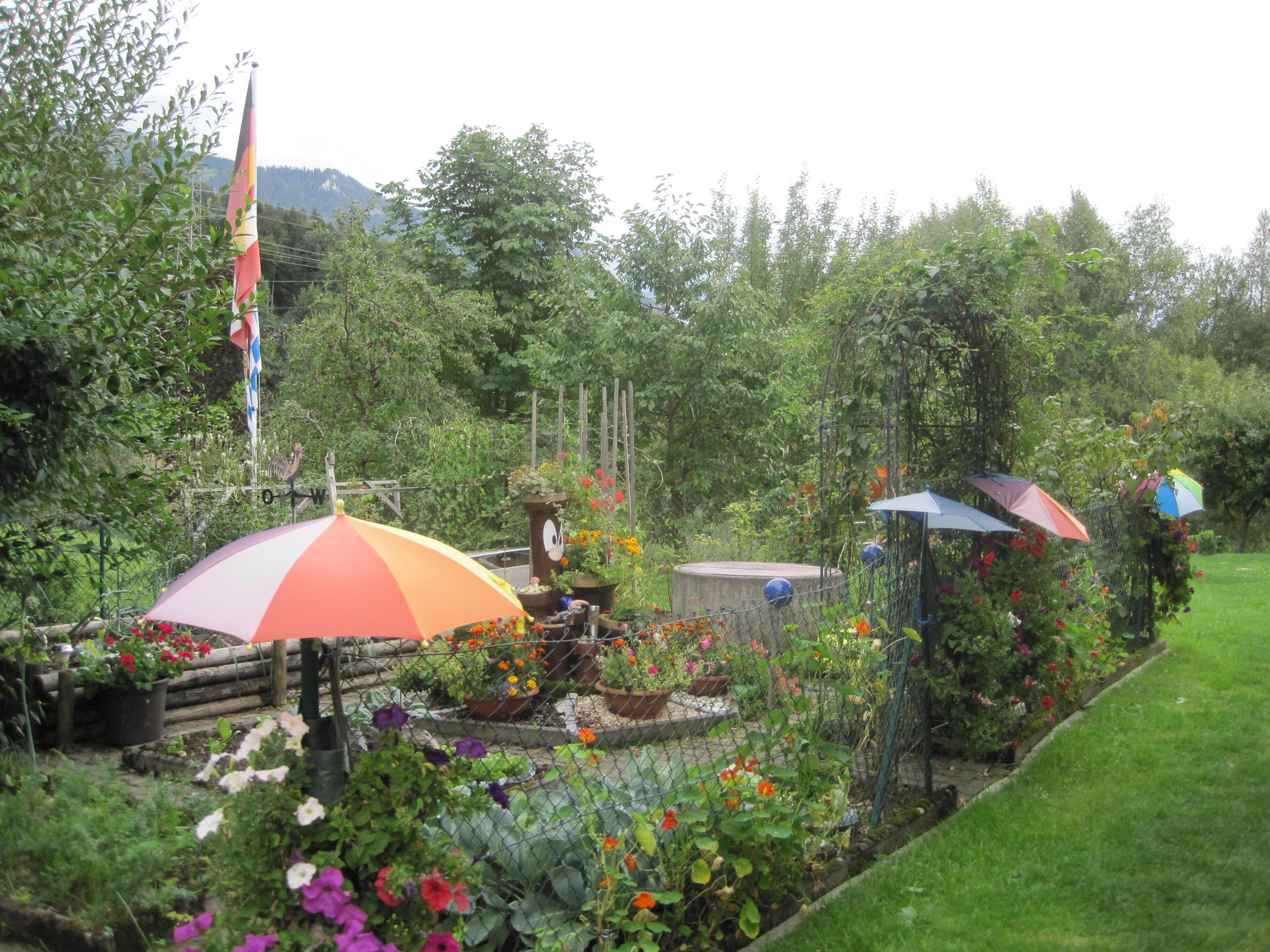Un jardín con diversas flores y plantas, una cerca de madera y varios sombrillas.