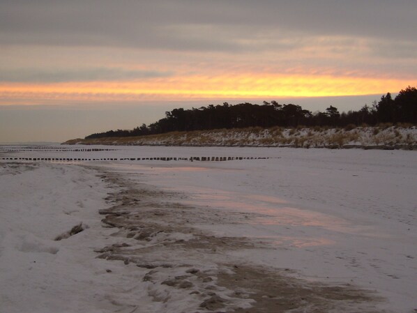 A snow-covered beach with footprints leading to the water, a wooden barrier, and a forested hill in the background. - *Kleiner Seeigel* 5 star FEWO with charm - central & close to the Baltic Sea, balcony, WLAN (Ribnitz-Damgarten)