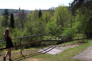 Une femme se promène sur une passerelle en bois, bordée d’une rambarde en métal, et est entourée de verdure. Un bâtiment se dresse au loin.