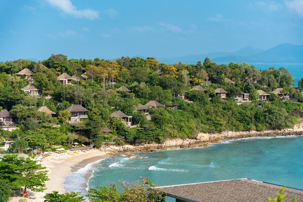 On the beach, sun loungers, beach towels