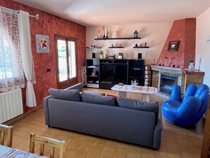Fernseher, Kamin, DVD-Player, Bücher