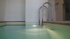 A swimming pool with metal ladders and a shower area. - Holiday in the castle park Hohen Niendorf with terrace & view to the Baltic Sea (Hohen Niendorf)