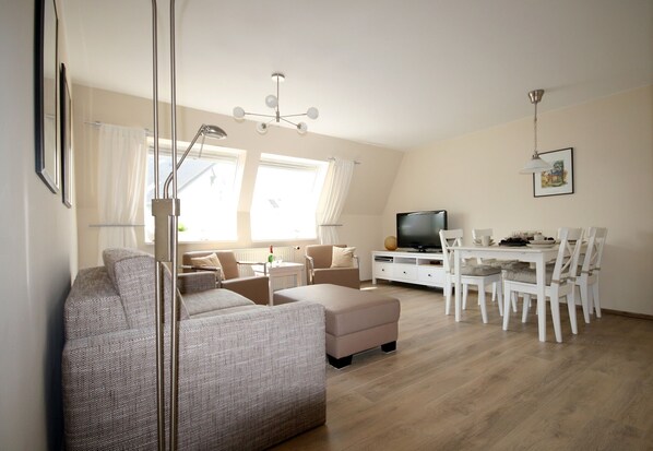 TV, DVD player, books, video library