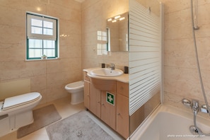 Combined shower/bathtub, hair dryer, bidet, towels