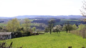 Ländliche Landschaft mit sanften Hügeln, einem kleinen Gebäude und blühenden Bäumen.