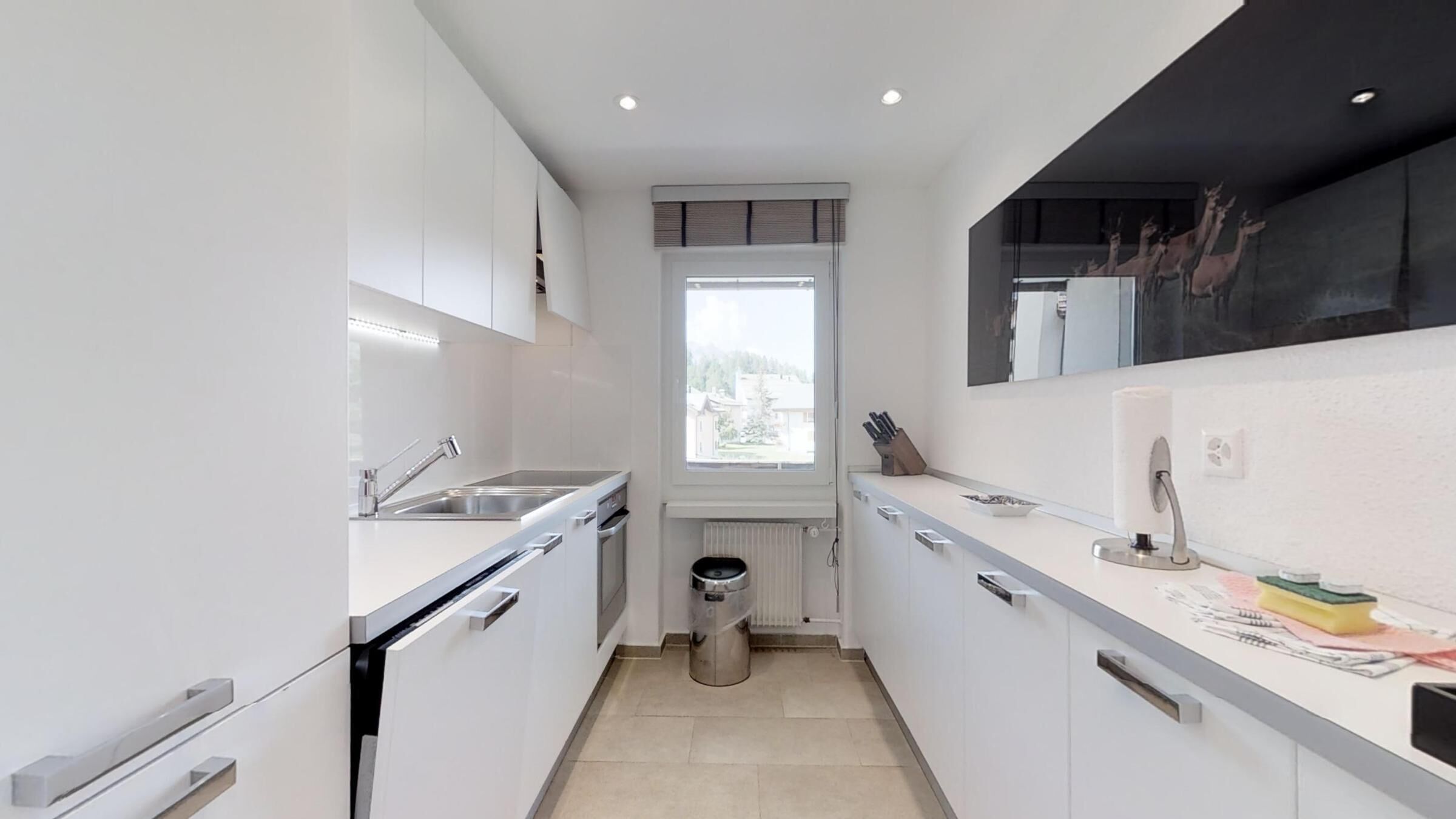 A modern kitchen with white cabinets, a stainless steel sink, a window, and a trash can.
