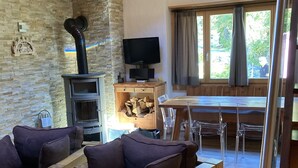 Una sala de estar acogedora con pared de piedra, muebles de madera, chimenea y televisor.