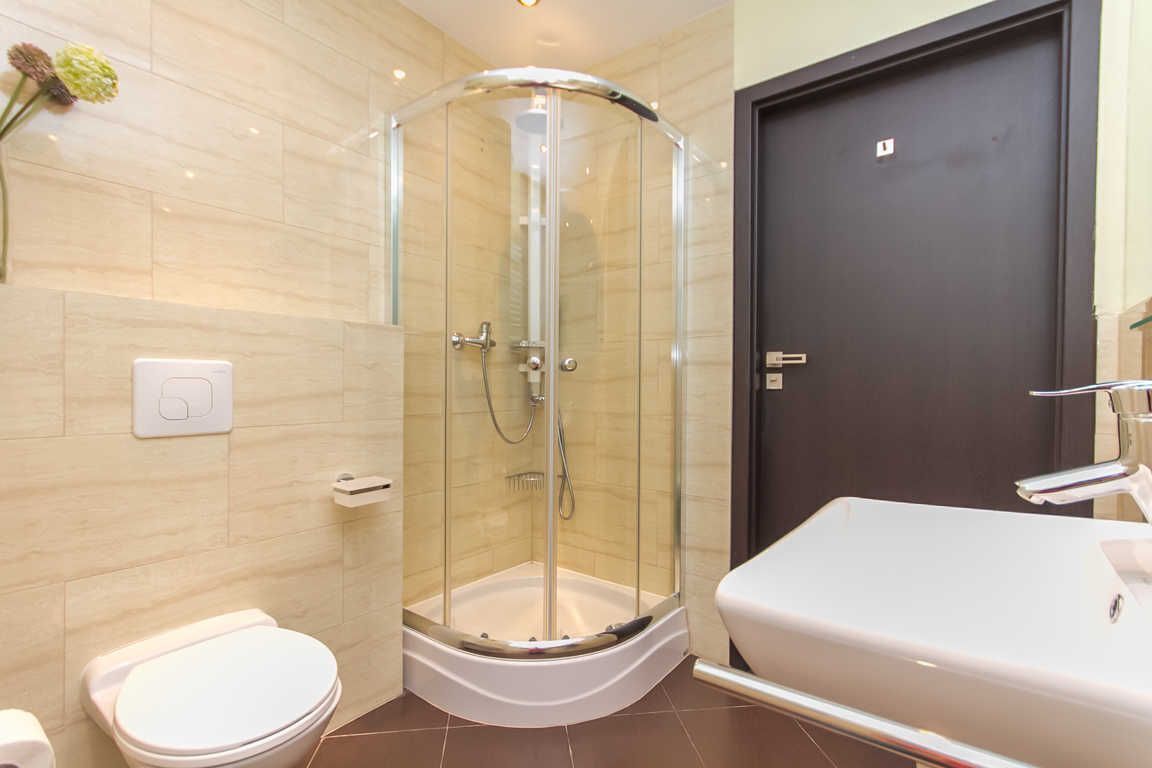 A modern bathroom with a glass-enclosed shower, a white toilet, and a large bathtub.