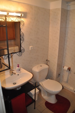 Dusche, Haartrockner, Handtücher, Toilettenpapier
